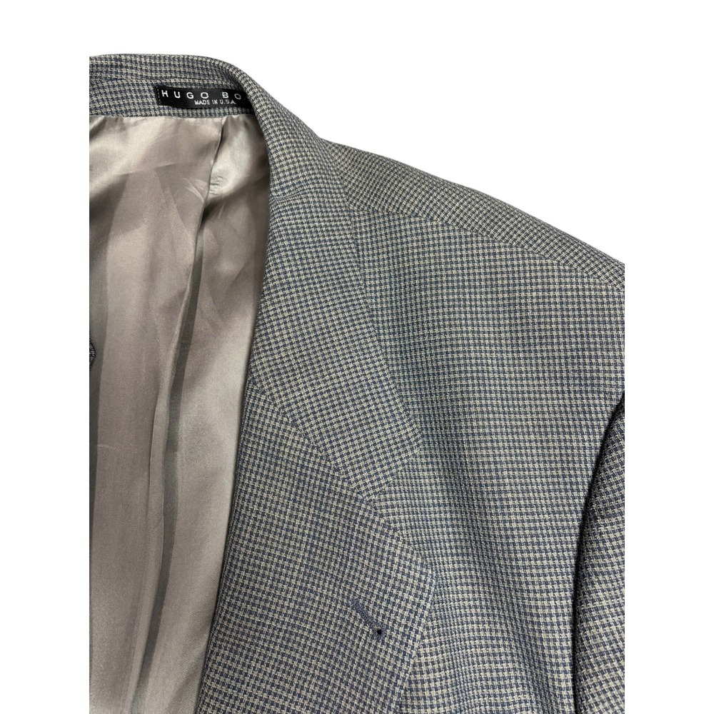 Hugo Boss Apollon Blazer Mens 46R Grey Blue Micro Check Wool Sport Coat USA Made